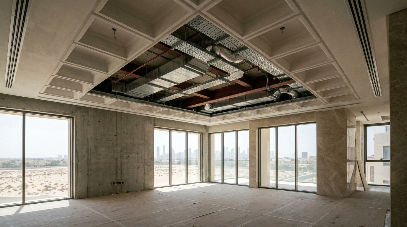 Villa extension coordination with ceiling services, electrical routing, structural openings, and finish sequencing