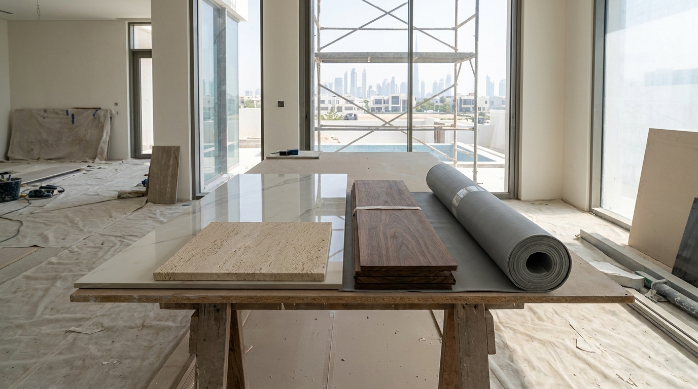 Dubai villa extension materials coordinated with stone, porcelain, waterproofing, joinery, and structural interfaces